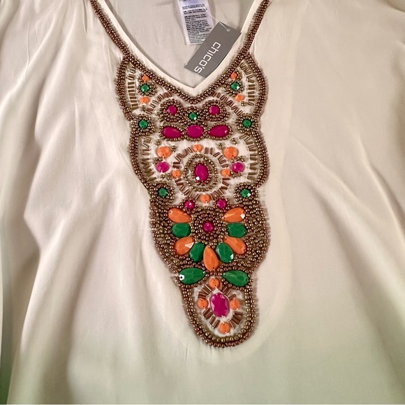 CHICO'S 2 Womens Ombre Tropical Emerald Beaded Tunic Top Sz 12/14 Kimono NWT - Picture 4 of 12